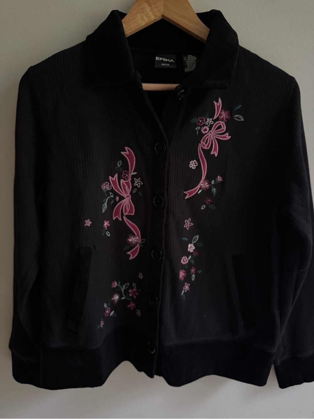 Erika Black Embroidered Button-Front Jacket velvet trim band & pockets grandma